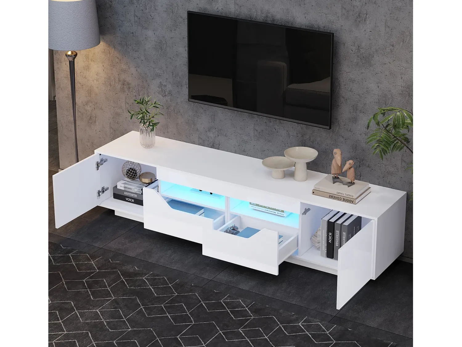 Móvel De Tv* Armário de TV 180x40x45cm, 2 gavetas e 2 armários, LED, para até 75 polegadas, Branco