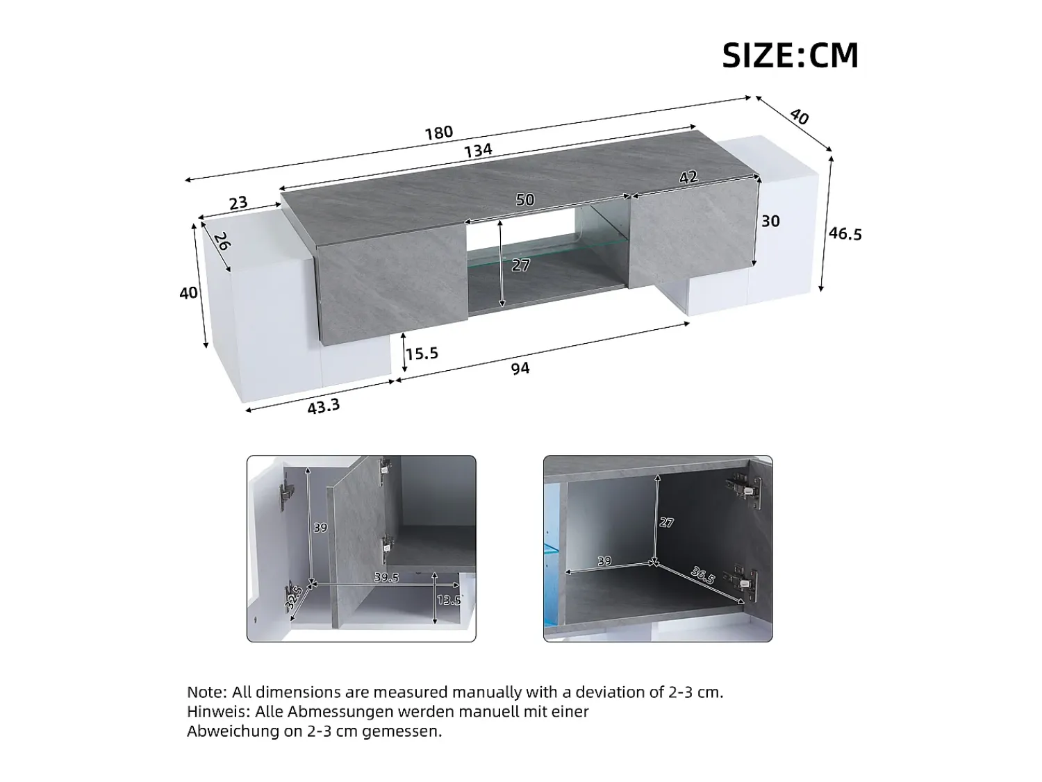 Armário de TV 180x40x46,5cm, branco e cinza, com LED Bluetooth, para até 70 polegadas Cinzento