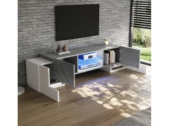 Armário de TV 180x40x46,5cm, branco e cinza, com LED Bluetooth, para até 70 polegadas Cinzento