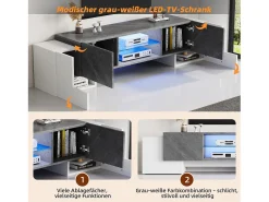 Armário de TV 180x40x46,5cm, branco e cinza, com LED Bluetooth, para até 70 polegadas Cinzento