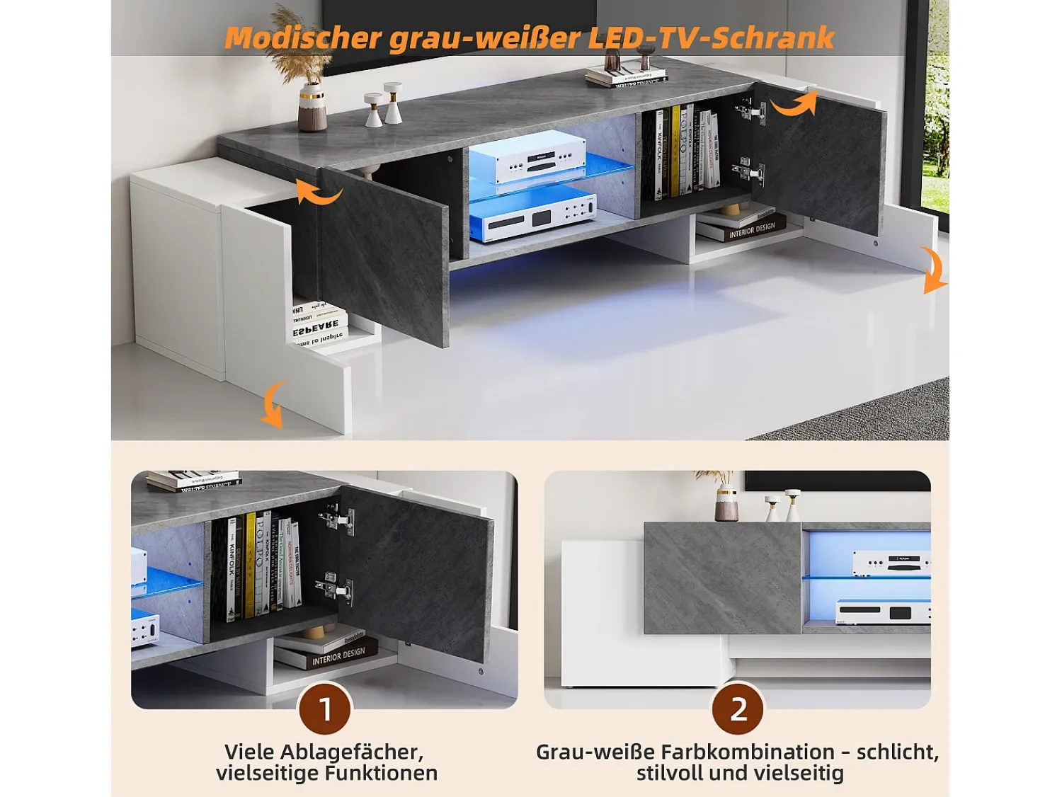 Armário de TV 180x40x46,5cm, branco e cinza, com LED Bluetooth, para até 70 polegadas Cinzento