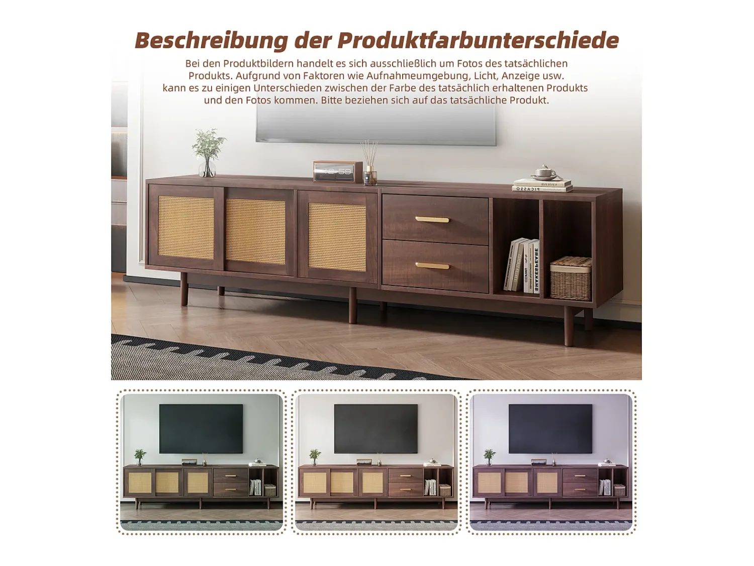 Móvel De Tv* Armário de TV 190x40x52cm, Rattan marrom, com gavetas, 6 pernas, para até 75 polegadas Castanho