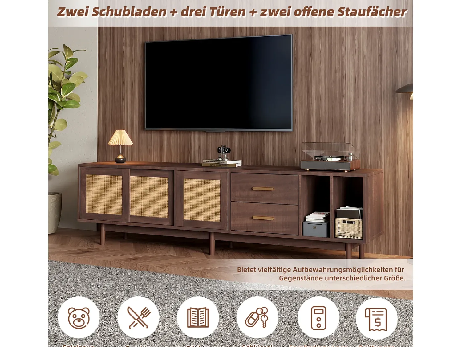 Móvel De Tv* Armário de TV 190x40x52cm, Rattan marrom, com gavetas, 6 pernas, para até 75 polegadas Castanho
