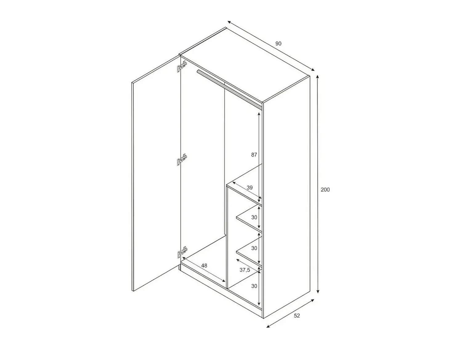 Outlet Dmora Armário Dgorett, Guarda-roupa para quarto de criança, Armário com 3 portas e 3 prateleiras com barra para cabide, 90x52h200 cm, Cinza e Verde Aqua Cinzento