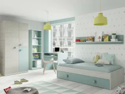 Outlet Dmora Armário Dgorett, Guarda-roupa para quarto de criança, Armário com 3 portas e 3 prateleiras com barra para cabide, 90x52h200 cm, Cinza e Verde Aqua Cinzento
