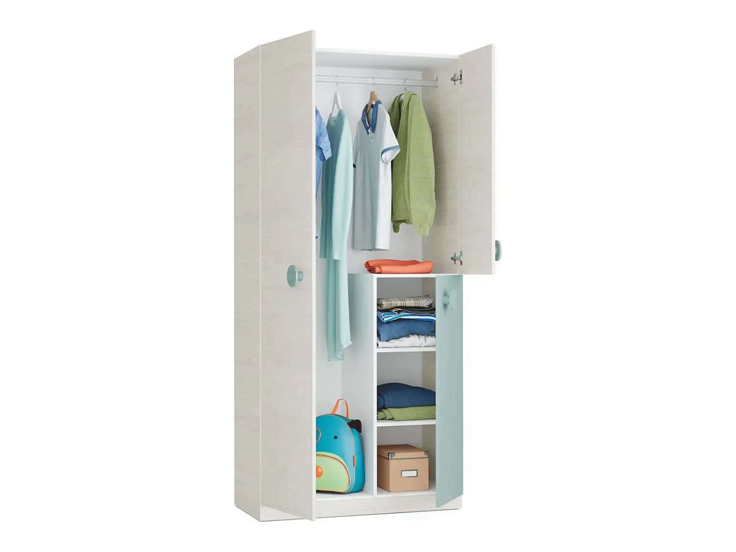 Outlet Dmora Armário Dgorett, Guarda-roupa para quarto de criança, Armário com 3 portas e 3 prateleiras com barra para cabide, 90x52h200 cm, Cinza e Verde Aqua Cinzento
