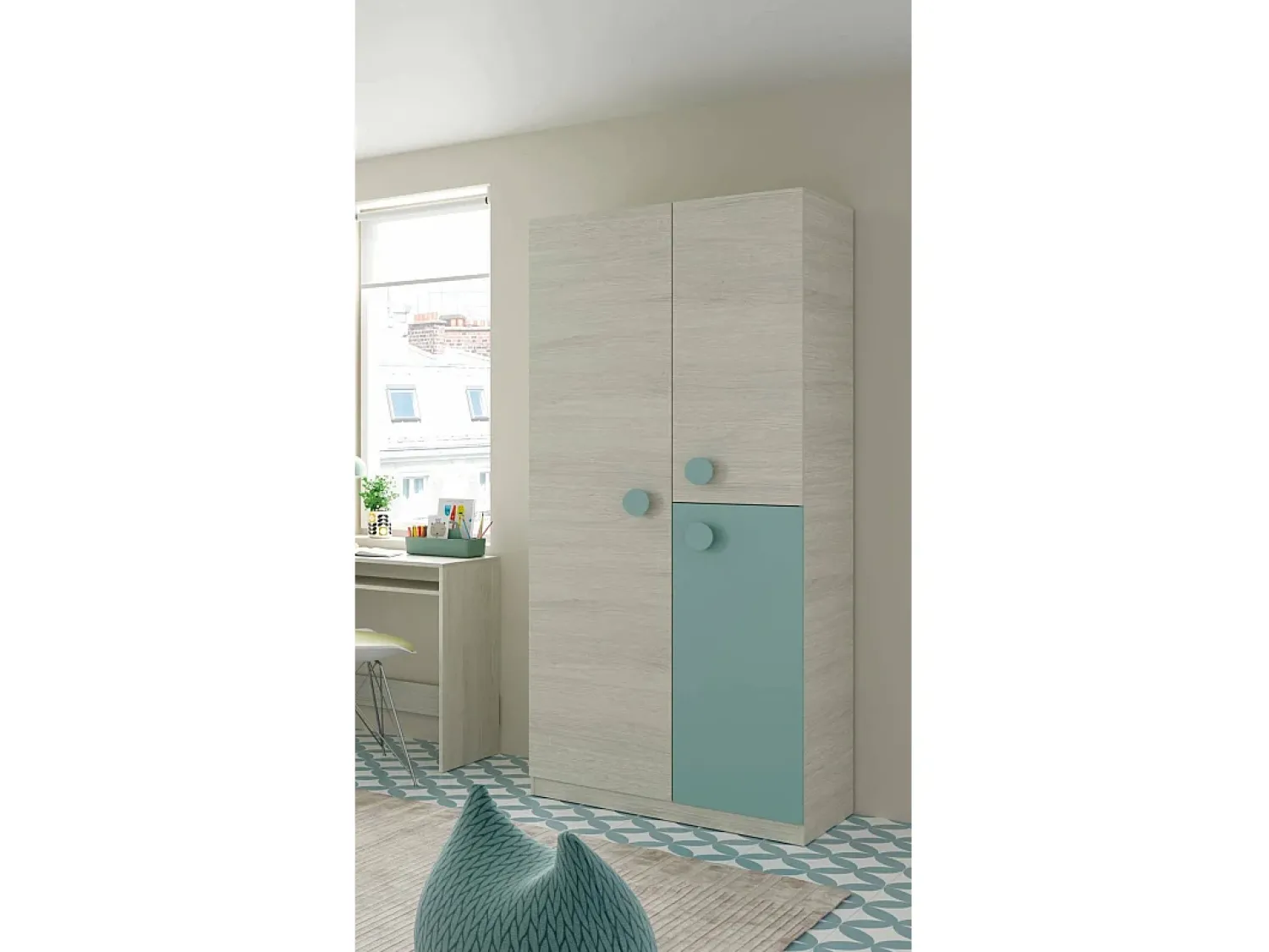 Outlet Dmora Armário Dgorett, Guarda-roupa para quarto de criança, Armário com 3 portas e 3 prateleiras com barra para cabide, 90x52h200 cm, Cinza e Verde Aqua Cinzento