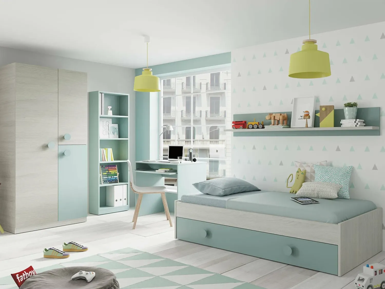 Outlet Dmora Armário Dgorett, Guarda-roupa para quarto de criança, Armário com 3 portas e 3 prateleiras com barra para cabide, 90x52h200 cm, Cinza e Verde Aqua Cinzento