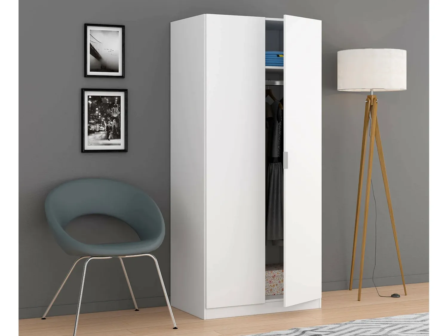 Móvel De Entrada*Dmora Armário Dleon, Armário de quarto com 2 portas de batente, Móveis de quarto com 1 prateleira e varão, 82x52h180 cm, Branco