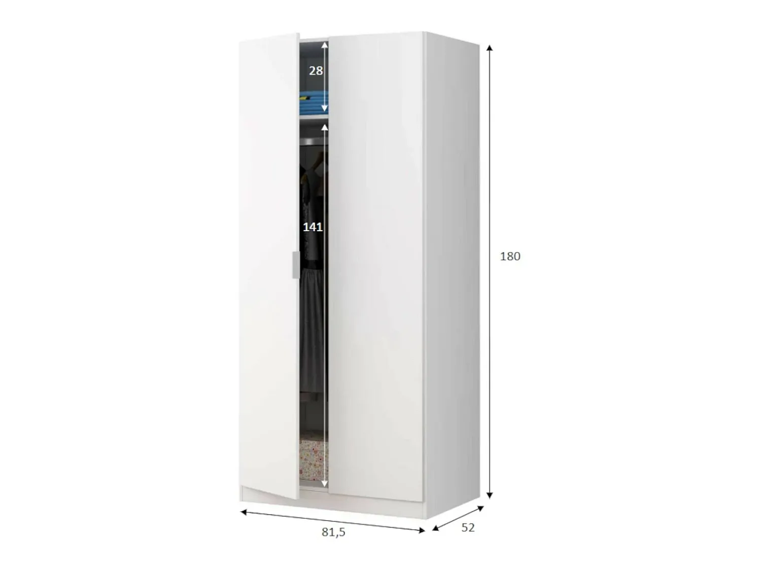 Móvel De Entrada*Dmora Armário Dleon, Armário de quarto com 2 portas de batente, Móveis de quarto com 1 prateleira e varão, 82x52h180 cm, Branco