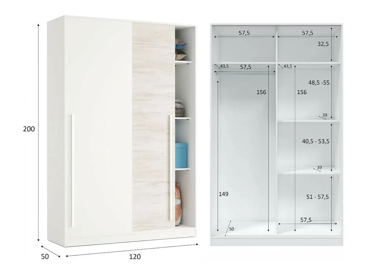 Dmora Armário Downey, Armário de quarto com 2 portas de correr, armário com barra suspensa e 3 prateleiras, 120x50h200 cm, antigo^ Móvel De Entrada