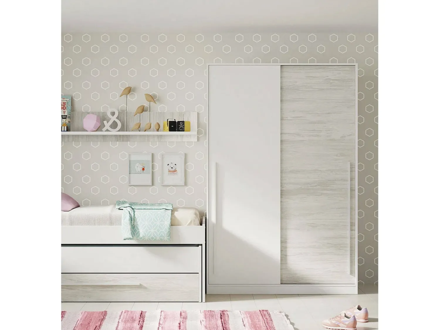 Dmora Armário Downey, Armário de quarto com 2 portas de correr, armário com barra suspensa e 3 prateleiras, 120x50h200 cm, antigo^ Móvel De Entrada