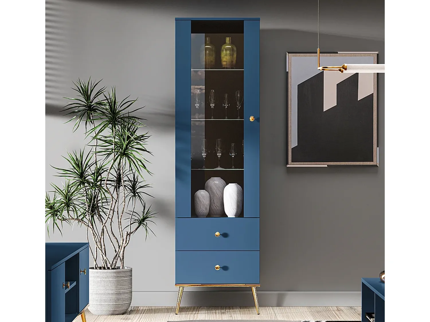 Vitrina|Petits-Meubles Armário expositor de 1 porta e 2 gavetas Thalia Blue Azul