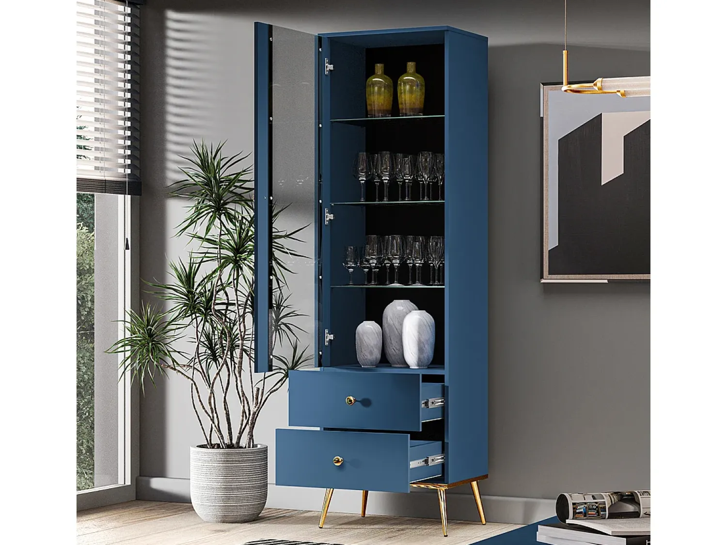 Vitrina|Petits-Meubles Armário expositor de 1 porta e 2 gavetas Thalia Blue Azul
