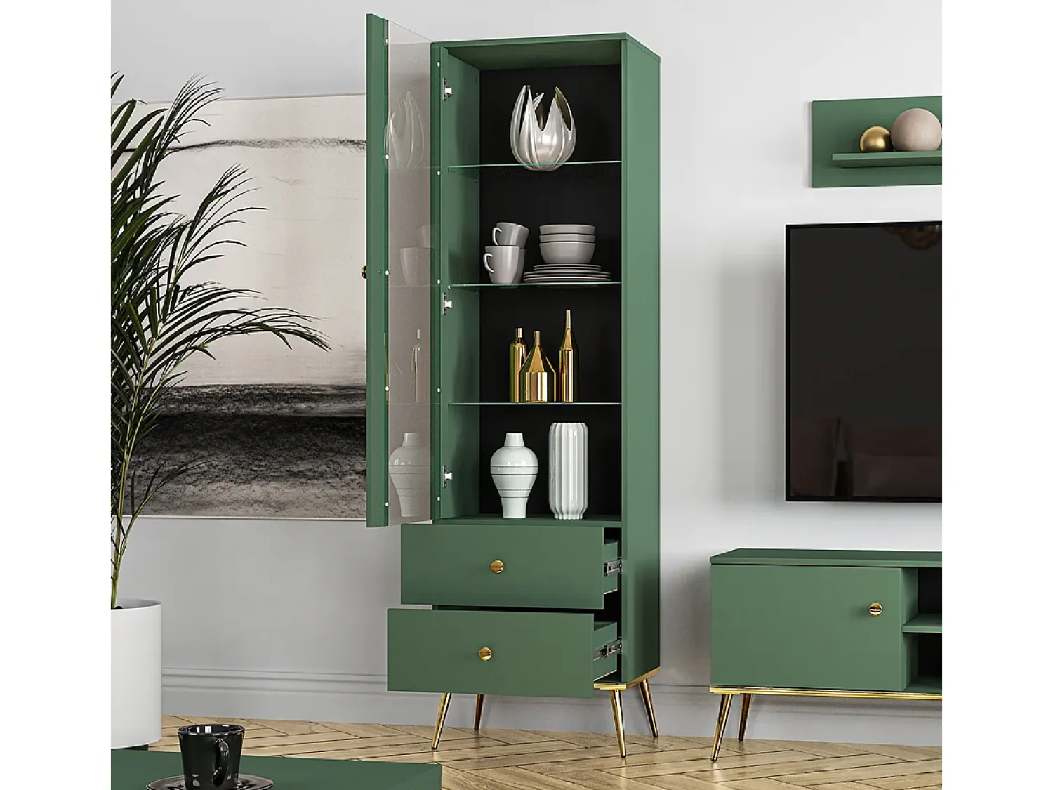 Sale Petits-Meubles Armário expositor de 1 porta e 2 gavetas Thalia Green Verde