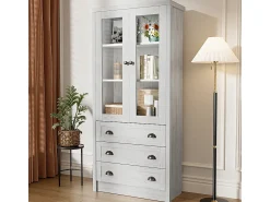 KOMHTOM Armário expositor moderno 80x34x171 cm - Exterior em madeira, portas de vidro, 3 gavetas e puxadores em latão^ Vitrina