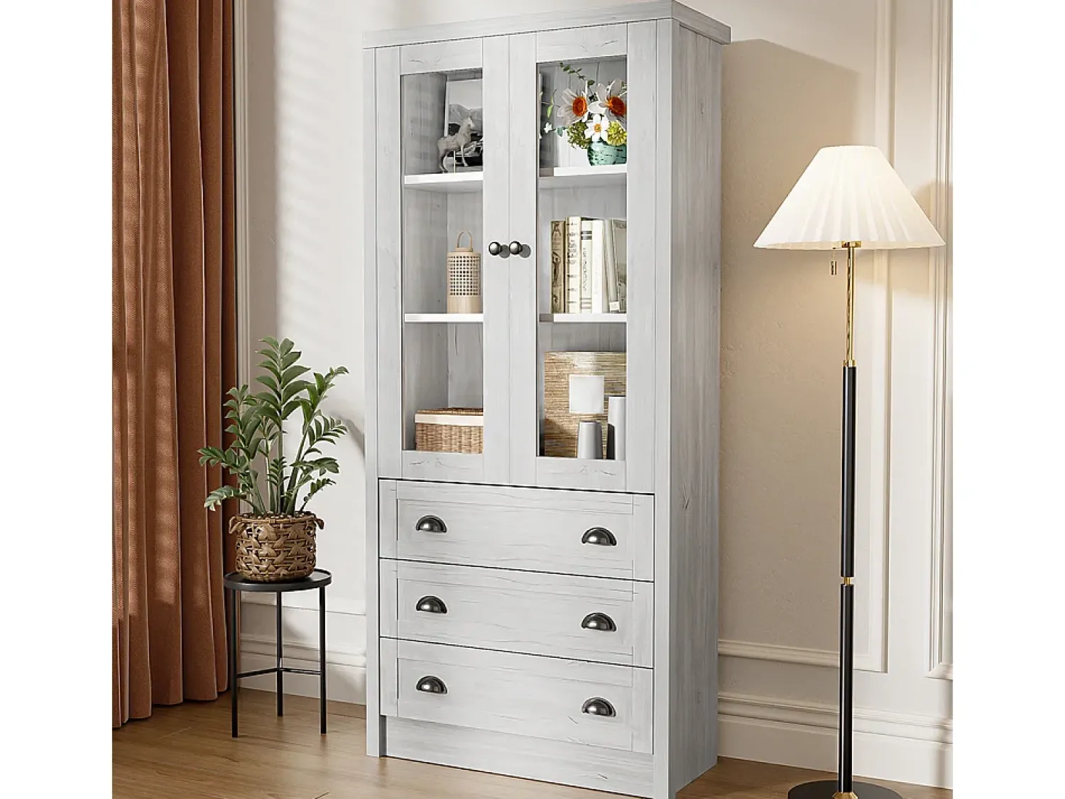 KOMHTOM Armário expositor moderno 80x34x171 cm - Exterior em madeira, portas de vidro, 3 gavetas e puxadores em latão^ Vitrina