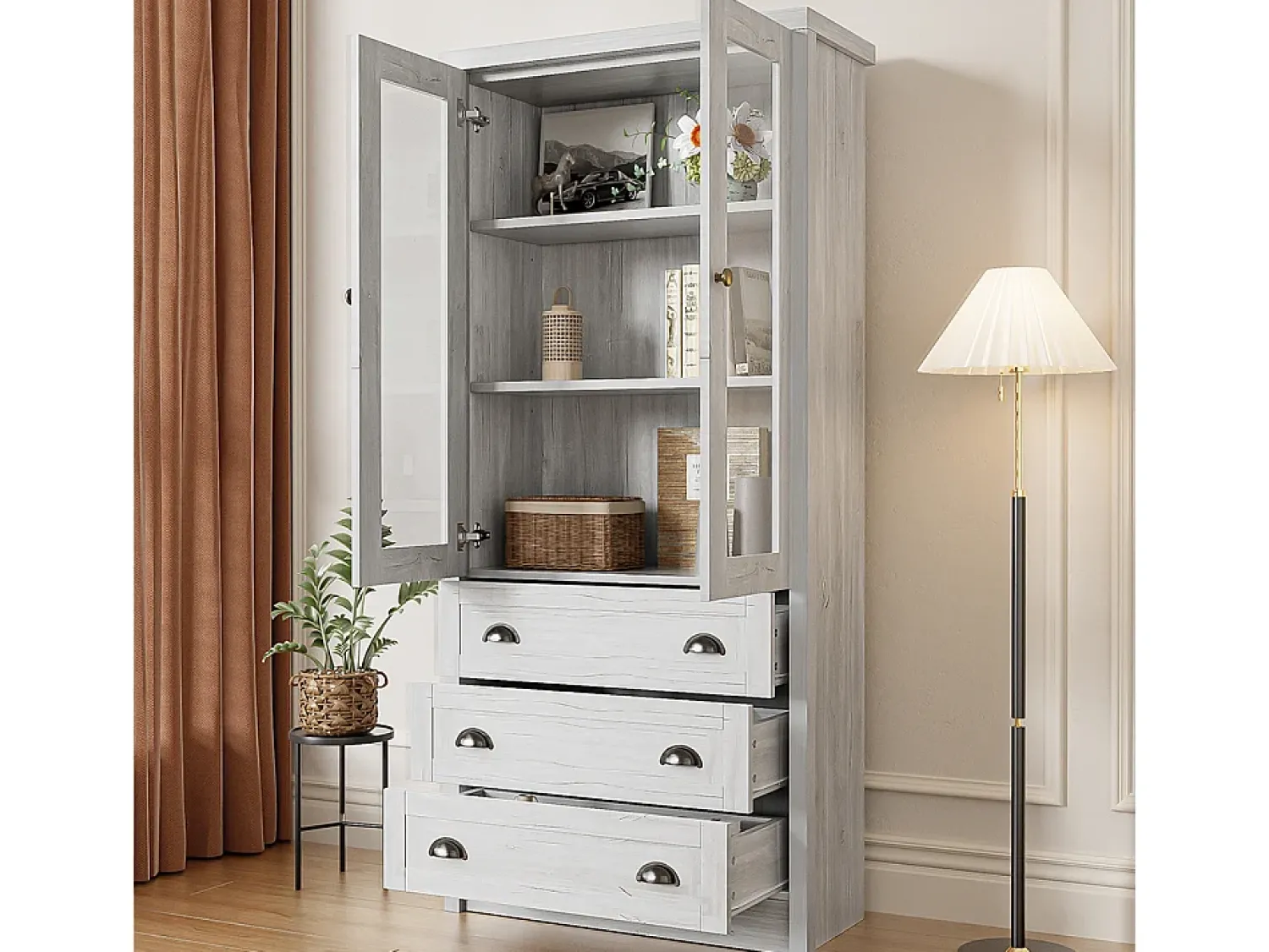 KOMHTOM Armário expositor moderno 80x34x171 cm - Exterior em madeira, portas de vidro, 3 gavetas e puxadores em latão^ Vitrina