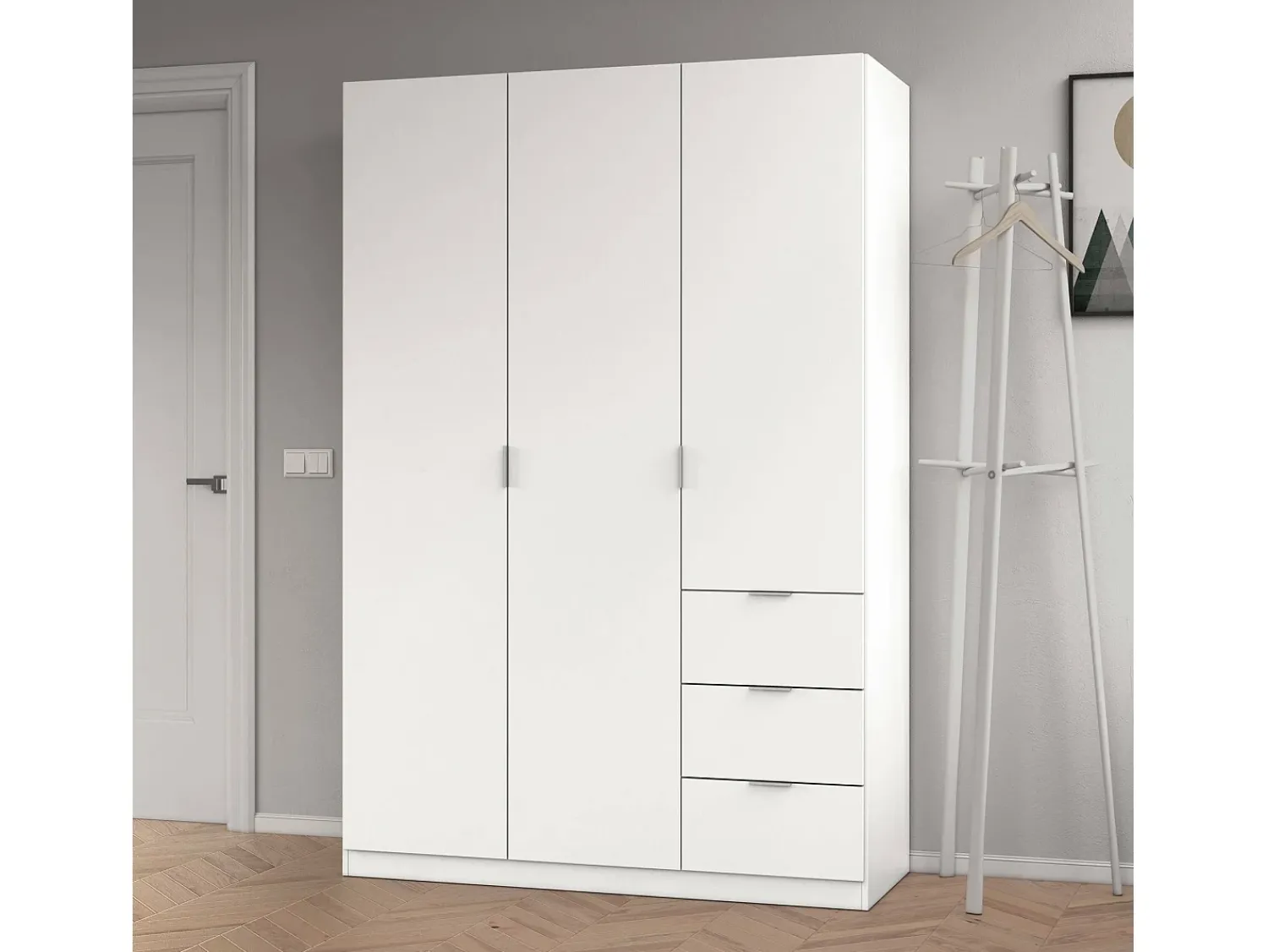 Móvel De Entrada*Dmora Armário Fullerton, Armário de Quarto com 3 Portas e 3 Gavetas, Armário com 3 Prateleiras e Barra Suspensa, 135x52h200 cm, Branco