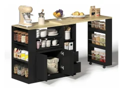 Móvel De Bar*Merax Armário giratório para bar - 115 x 50 x 92 cm - com prateleiras + 2 gavetas + mesa extensível - MDF - + natural Preto