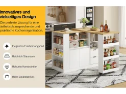 New Merax Armário giratório para bar - 115 x 50 x 92 cm - com prateleiras + 2 gavetas + mesa extensível - MDF - + natural Branco
