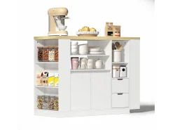 New Merax Armário giratório para bar - 115 x 50 x 92 cm - com prateleiras + 2 gavetas + mesa extensível - MDF - + natural Branco