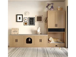 Móvel De Arrumação* Armário multifuncional para animais de estimação, 160 cm, com comedouro, cama, espaço de armazenamento e ganchos. Natural claro