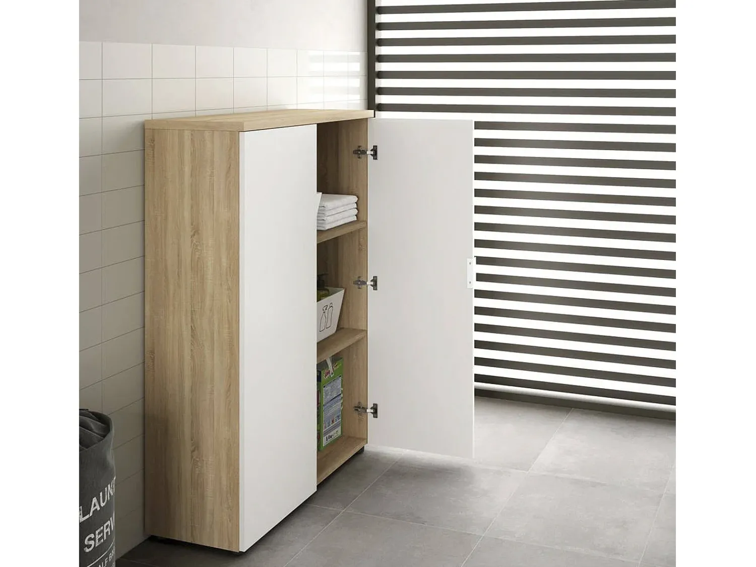 Dmora Armário multiuso Dlupp, Armário multiuso com 2 portas, Sapateira com 3 prateleiras, Sapateira moderna, 80x33h119 cm, Carvalho e Branco^ Móvel De Arrumação|Sapateira