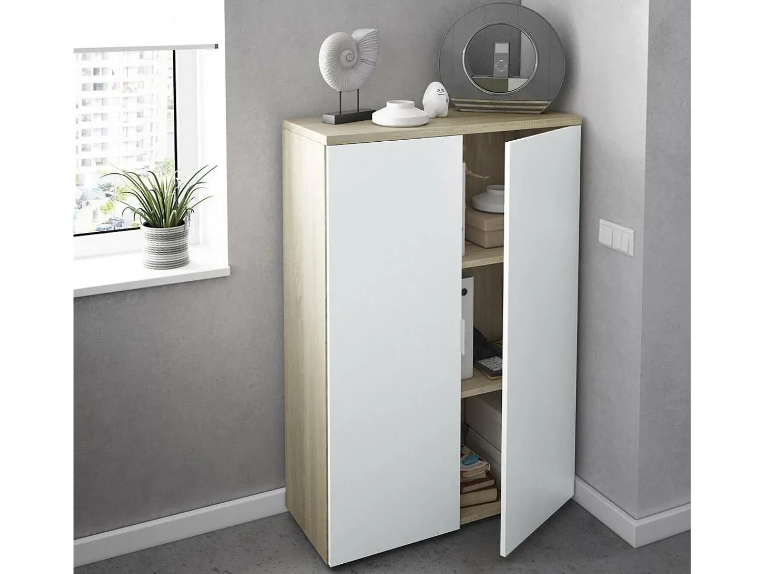 Dmora Armário multiuso Dlupp, Armário multiuso com 2 portas, Sapateira com 3 prateleiras, Sapateira moderna, 80x33h119 cm, Carvalho e Branco^ Móvel De Arrumação|Sapateira
