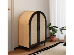 Hot ModernLuxe Armário para sapatos 70×40×100 cm - design curvado - 2 portas em vime - 3 prateleiras - natural + preto Preto / Natural claro