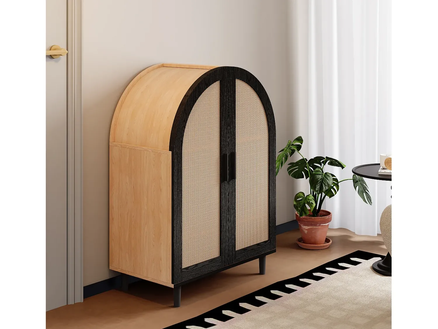 Hot ModernLuxe Armário para sapatos 70×40×100 cm - design curvado - 2 portas em vime - 3 prateleiras - natural + preto Preto / Natural claro