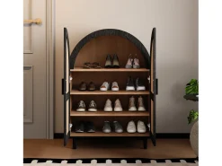 Hot ModernLuxe Armário para sapatos 70×40×100 cm - design curvado - 2 portas em vime - 3 prateleiras - natural + preto Preto / Natural claro