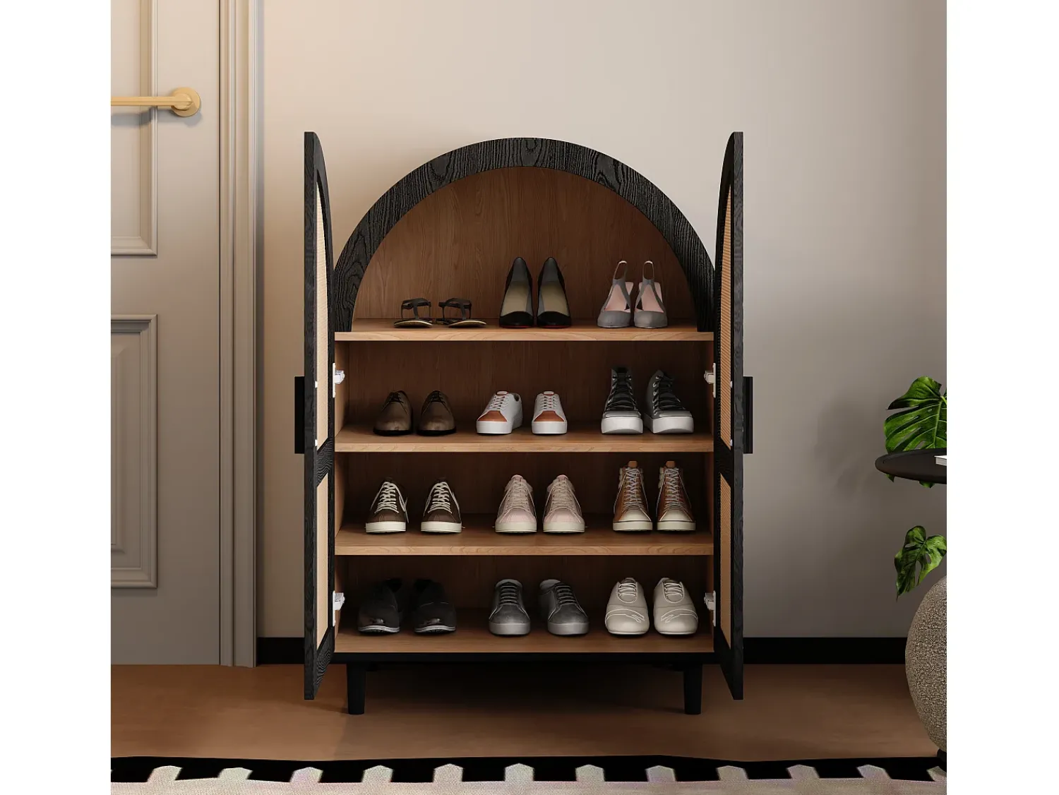 Hot ModernLuxe Armário para sapatos 70×40×100 cm - design curvado - 2 portas em vime - 3 prateleiras - natural + preto Preto / Natural claro