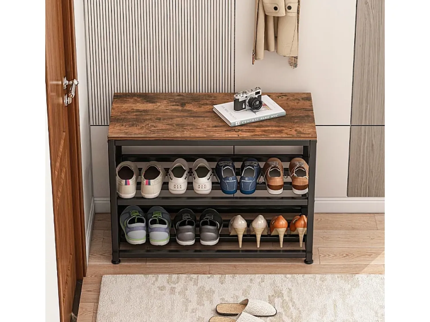 Móvel De Arrumação|Sapateira| ARMÁRIO PARA SAPATOS COM ASSENTO GRANDE PRATELEIRA INDUSTRIAL LOFT MADEIRA RETRO 62 CM Natural escuro