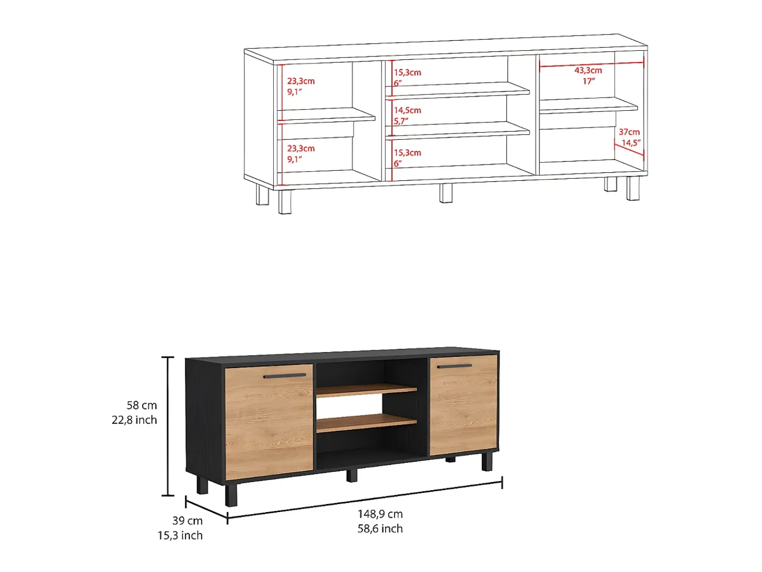 Móvel De Tv|TuHome Armário para TV Kaia com arrumação multimédia, 57.98 cm X 148.92 cm X 38.98 cm , Preto Multicor