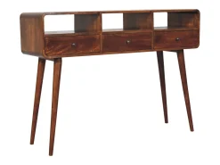 Consola| Artisan Furniture Madeira maciça Mesa Console Tripla Curva em Tom Castanho