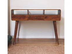 Consola| Artisan Furniture Madeira maciça Mesa Console Tripla Curva em Tom Castanho