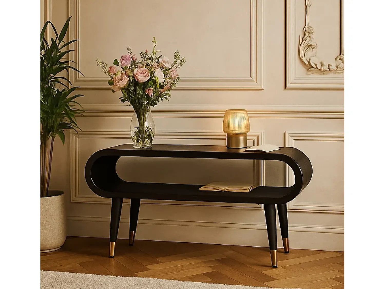 Móvel De Tv* Artisan Furniture Madeira maciça Unidade de Mídia com Bordas Curvas e Detalhes em Latão Castanho