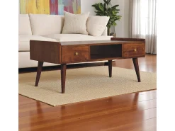 Móvel De Tv| Artisan Furniture Madeira Maciça Móvel de Mídia Elevado em , 4 Gavetas e Compartimento Aberto, Marrom Escuro Castanho