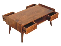 Móvel De Tv| Artisan Furniture Madeira Maciça Móvel de Mídia Elevado em , 4 Gavetas e Compartimento Aberto, Marrom Escuro Castanho