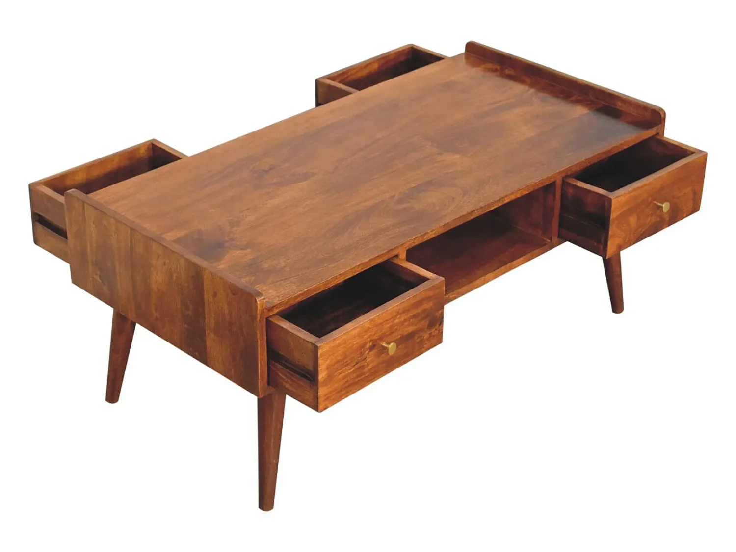 Móvel De Tv| Artisan Furniture Madeira Maciça Móvel de Mídia Elevado em , 4 Gavetas e Compartimento Aberto, Marrom Escuro Castanho