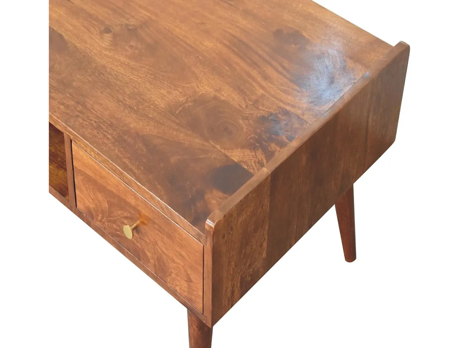 Móvel De Tv| Artisan Furniture Madeira Maciça Móvel de Mídia Elevado em , 4 Gavetas e Compartimento Aberto, Marrom Escuro Castanho