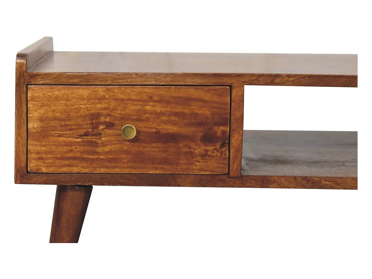 Móvel De Tv| Artisan Furniture Madeira Maciça Móvel de Mídia Elevado em , 4 Gavetas e Compartimento Aberto, Marrom Escuro Castanho