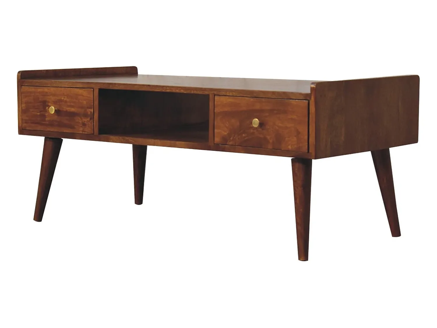 Móvel De Tv| Artisan Furniture Madeira Maciça Móvel de Mídia Elevado em , 4 Gavetas e Compartimento Aberto, Marrom Escuro Castanho