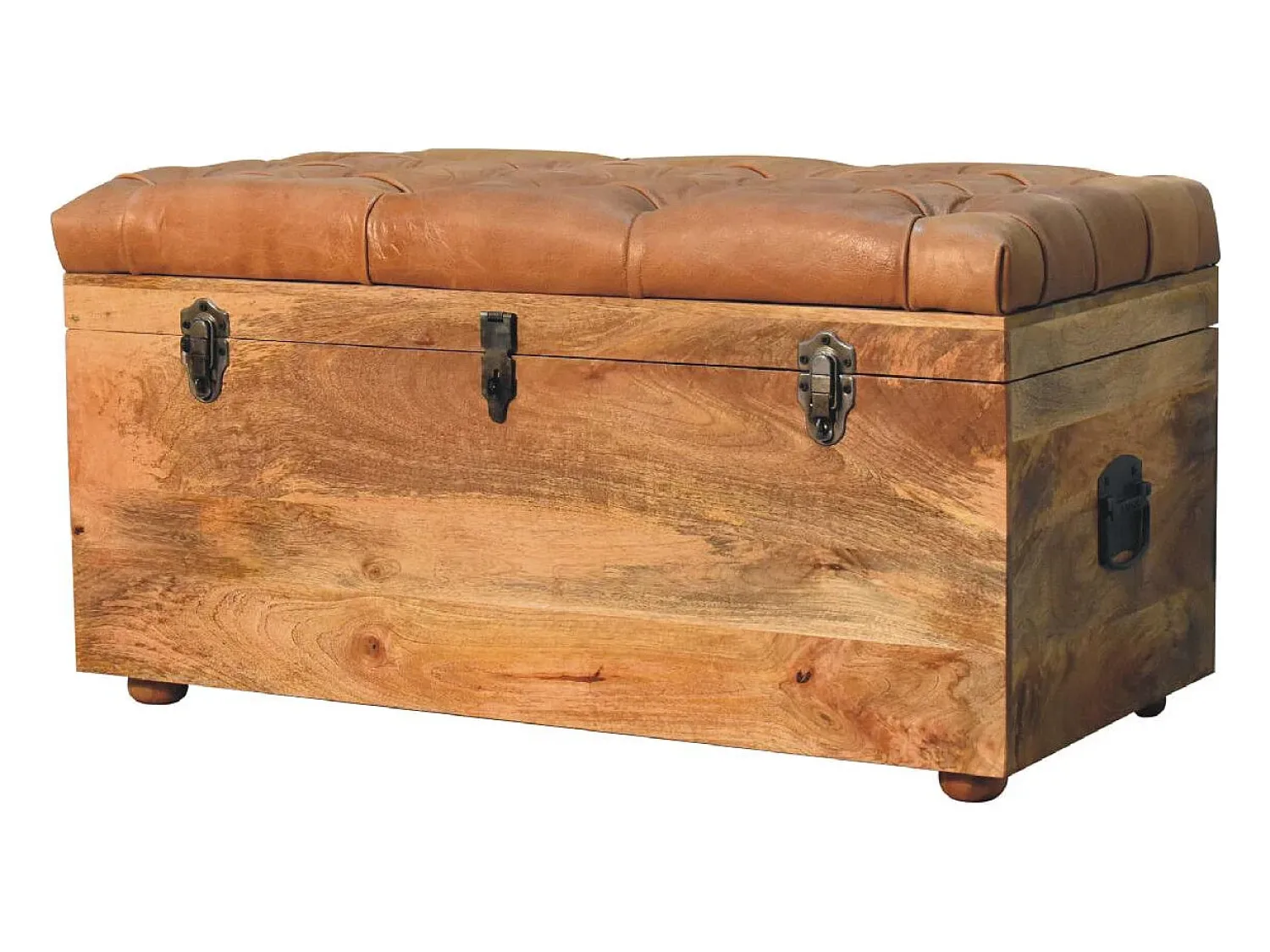 Hot Artisan Furniture Madeira maciça Baú de Armazenamento em Couro de Búfalo e Tom de Carvalho Castanho