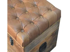Hot Artisan Furniture Madeira maciça Baú de Armazenamento em Couro de Búfalo e Tom de Carvalho Castanho