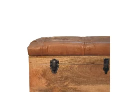 Hot Artisan Furniture Madeira maciça Baú de Armazenamento em Couro de Búfalo e Tom de Carvalho Castanho