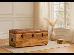 Hot Artisan Furniture Madeira maciça Baú de Armazenamento em Couro de Búfalo e Tom de Carvalho Castanho