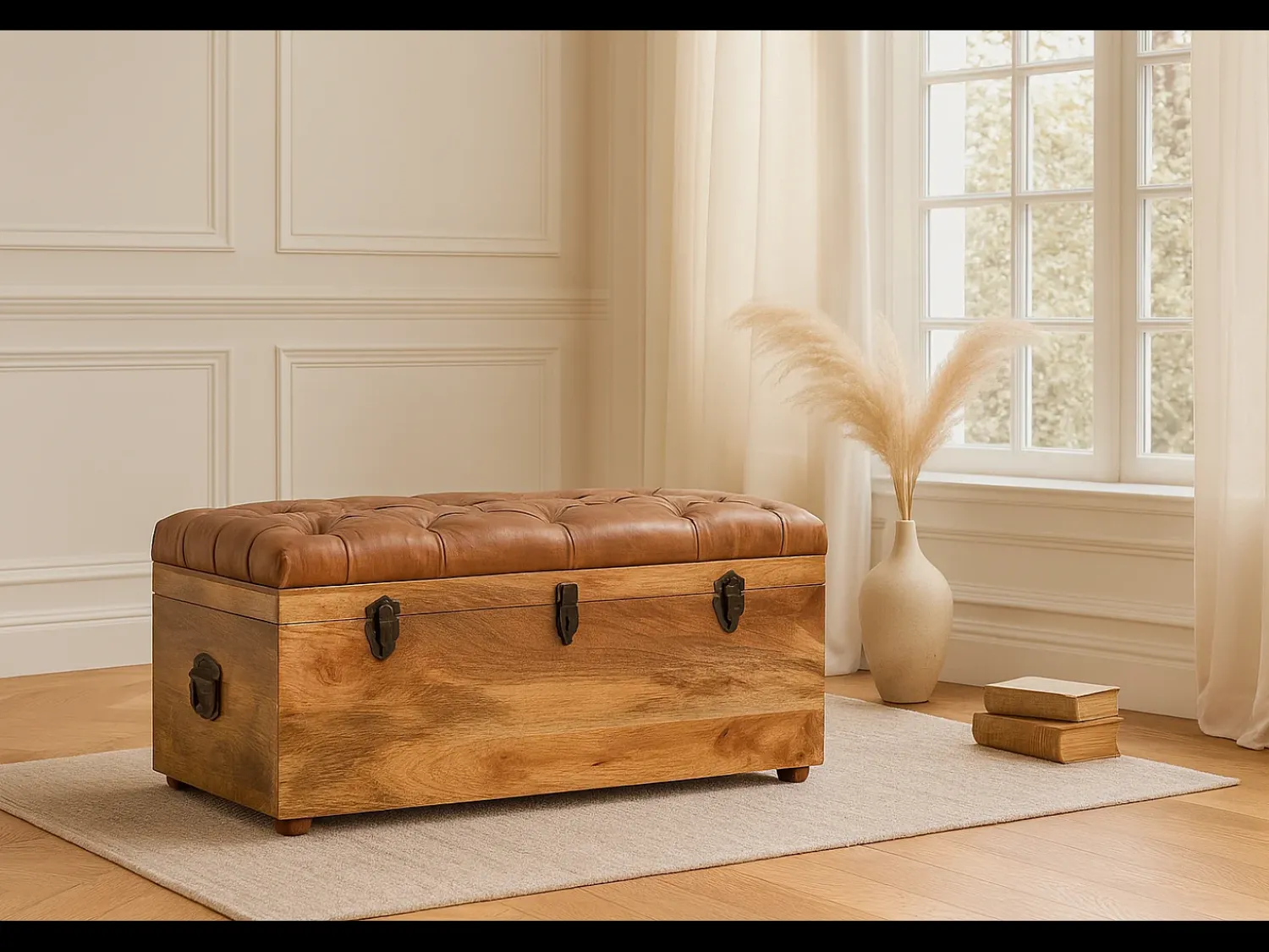 Hot Artisan Furniture Madeira maciça Baú de Armazenamento em Couro de Búfalo e Tom de Carvalho Castanho