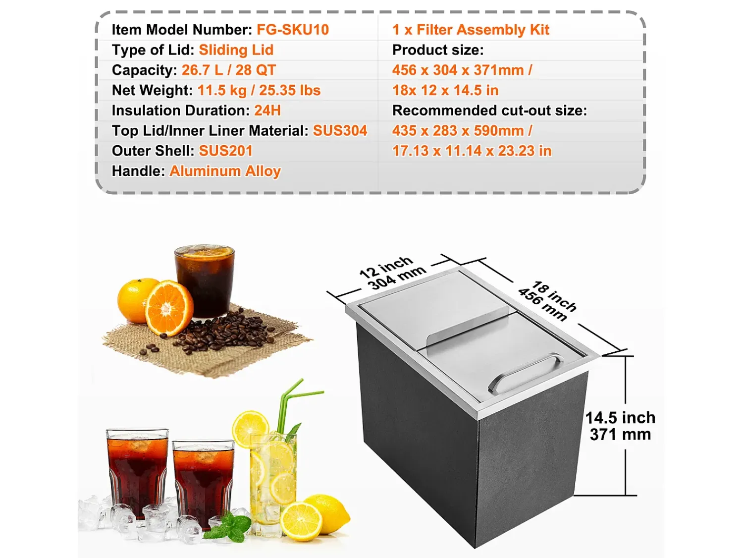 Sale Baú de Gelo SucceBuy, 45,7 x 30,5 x 36,5 cm, em Aço Inoxidável, com Tampa, Caixa de Gelo Prateado